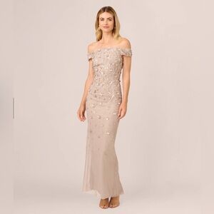 Adrianna Papell Off-Shoulder Sequin Gown in Beige